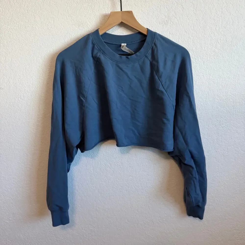Alo Yoga Double Take Pullover Long Sleeve Crewneck Raw Hem Crop Top Blue Jean S